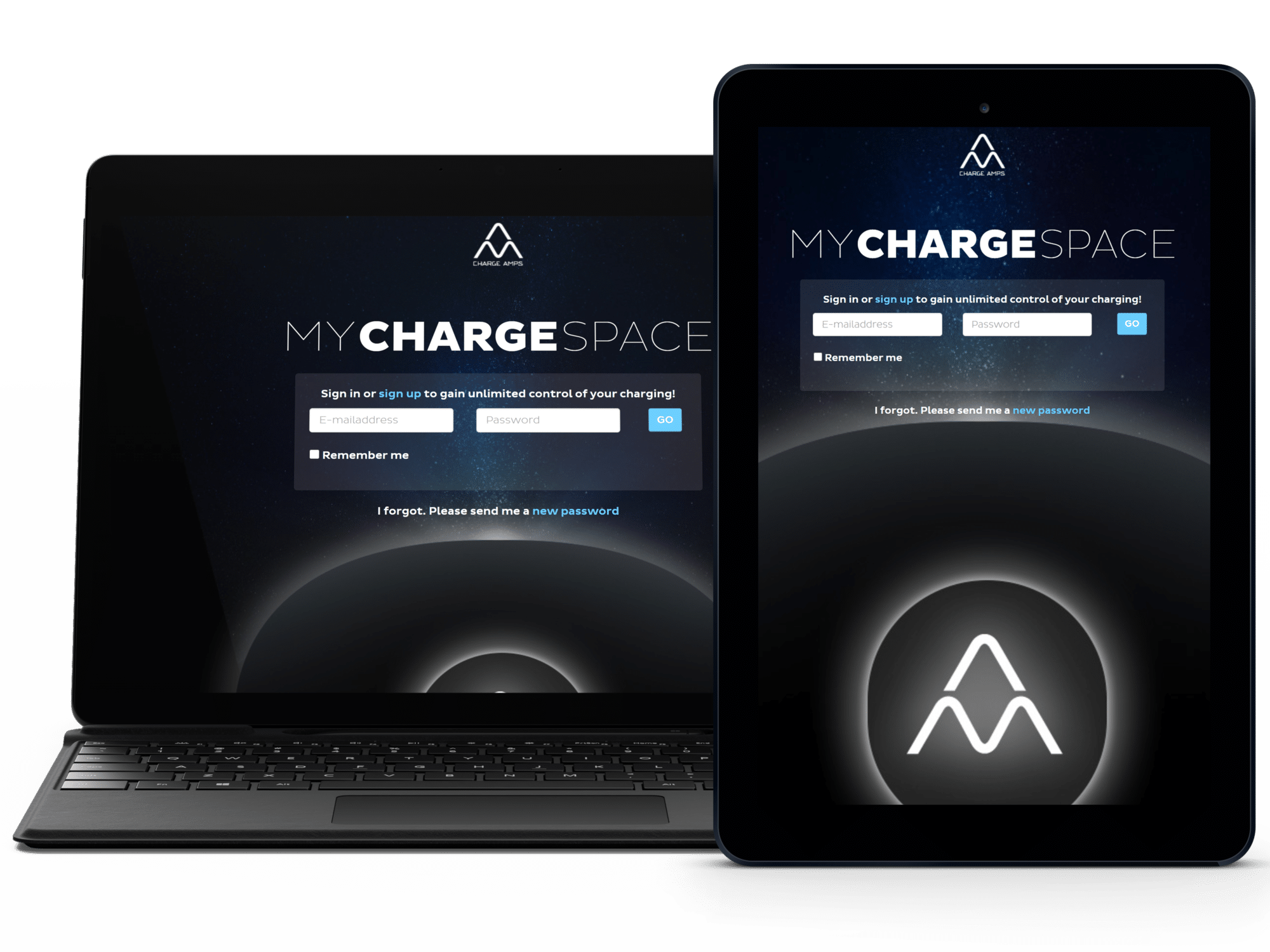 Laptop and tablet showing login to Charge Amps cloud